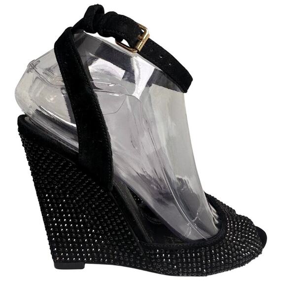 Tory Burch Black Suede Crystal Embellishments Wedge Sandals Sz 7 M Glam Mob Wife - Picture 1 of 16